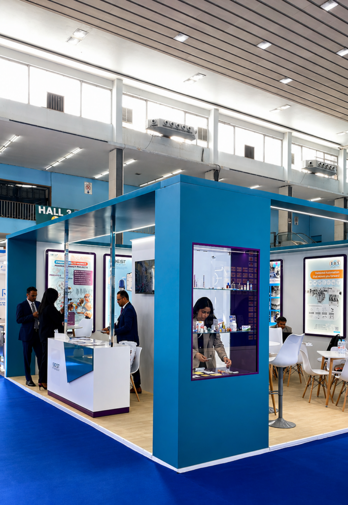 Design du stand pharmaceutique Best Innovation avec identité visuelle moderne et finition haut de gamme