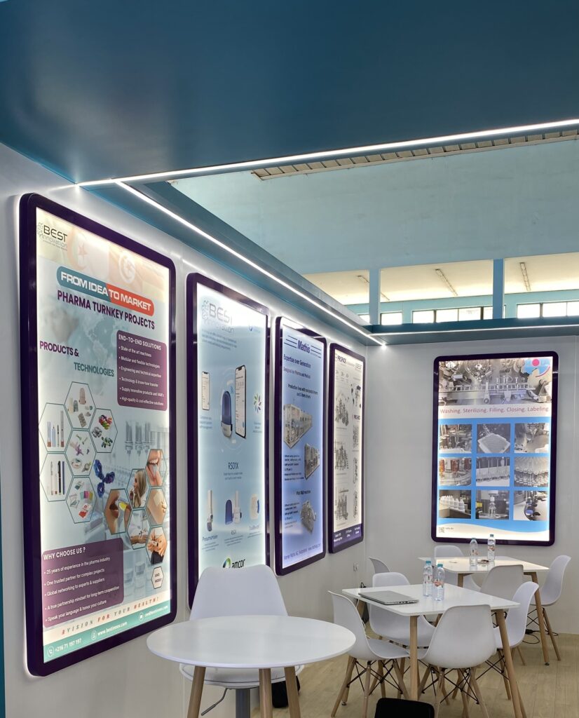 Espace du stand Best Innovation au Maghreb Pharma Expo 2026 présentant les partenaires internationaux et leurs technologies pharmaceutiques